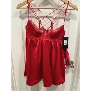 Red lace lingerie set with matching thong
